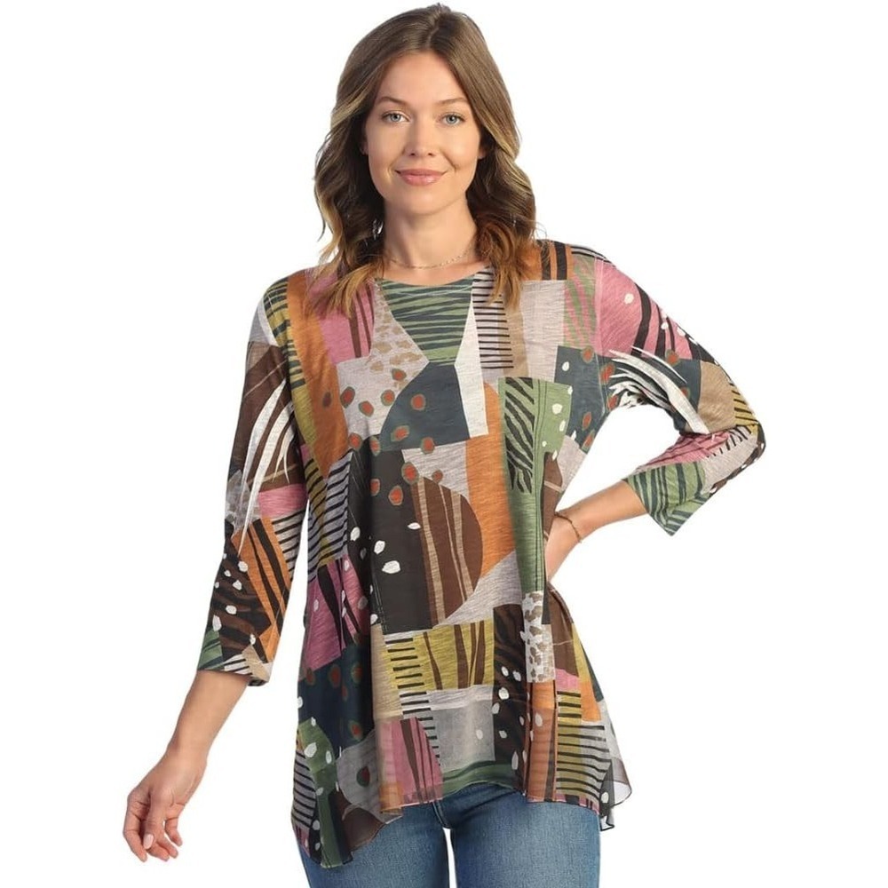 Jess & Jane Doodles Knit Tunic Top Chiffon Hem Multi Colored Abstract Sz M